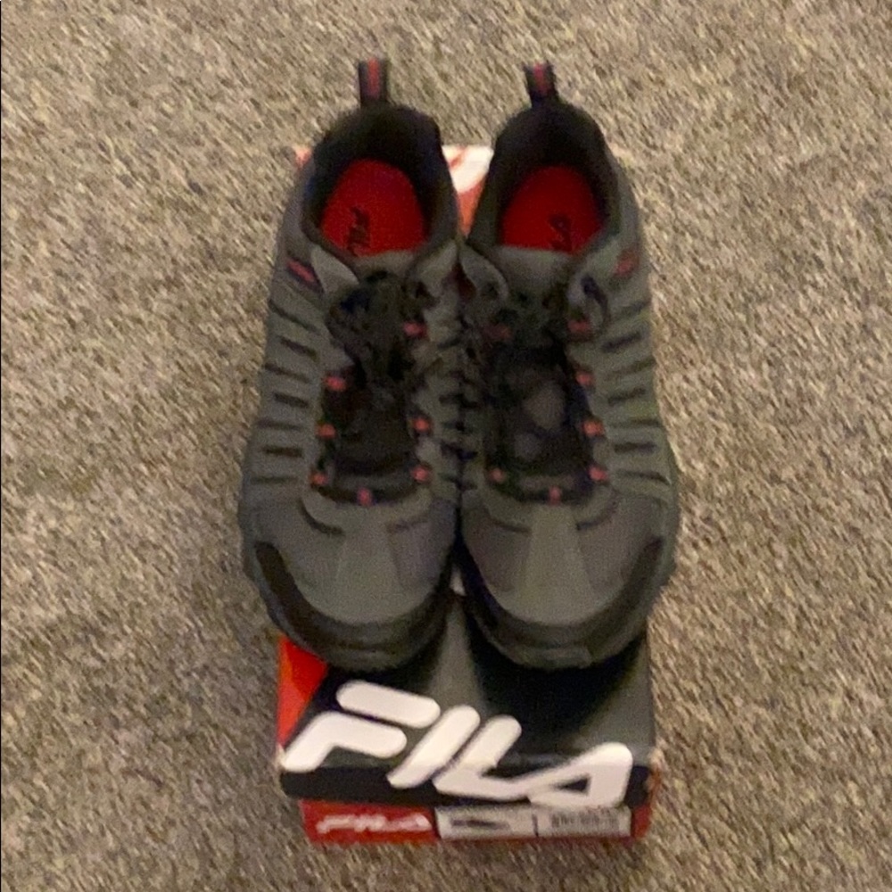 Silver, black, shoe and red on bottom of shoe.